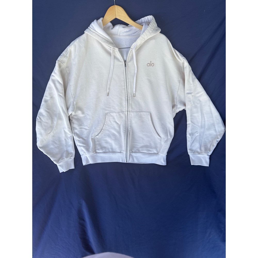 Alo Yoga Accolade Zip Up Hoodie Ivory Cream Fleece Sweatshirt Oversized